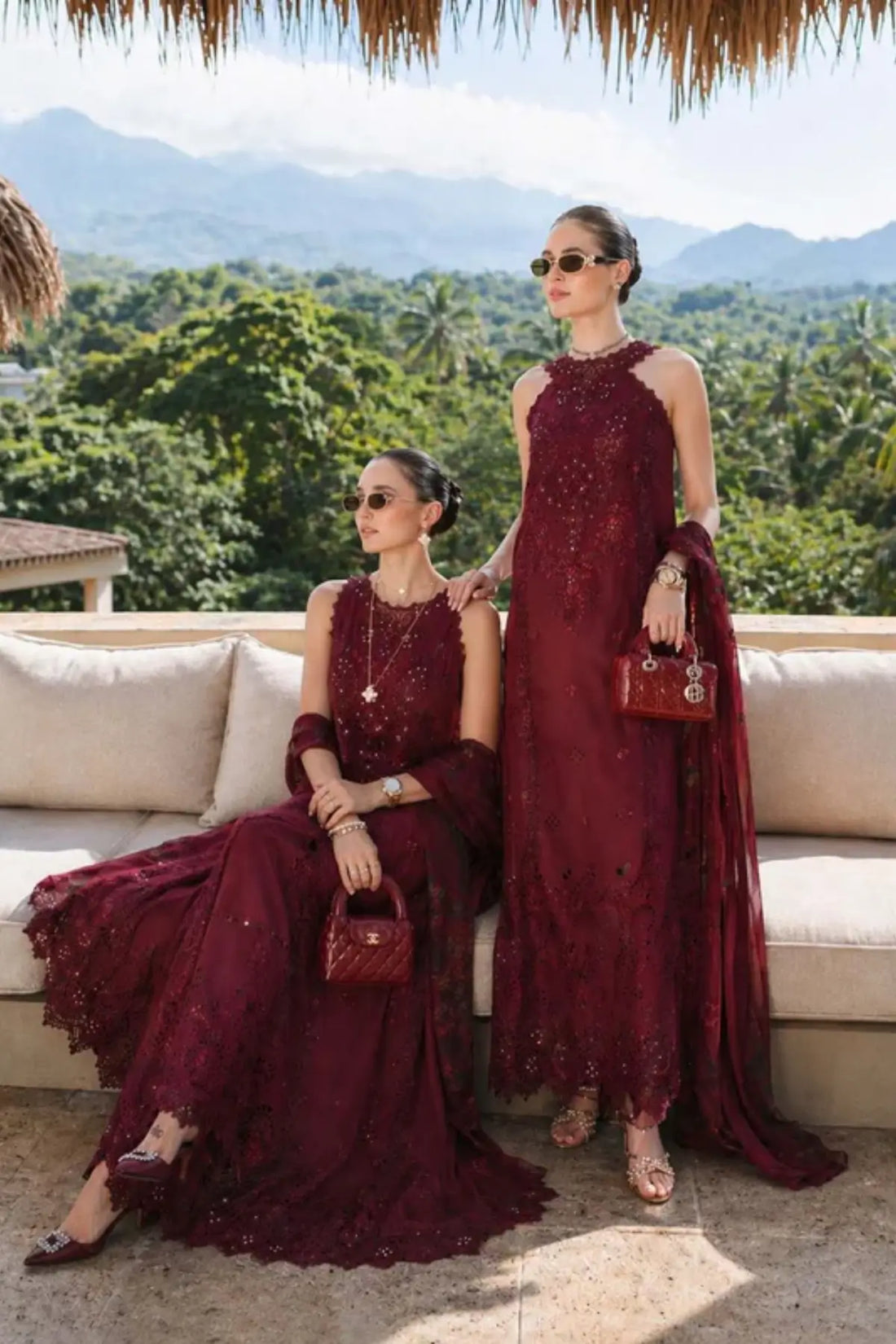 Amalfi Rouge D12 by Saadia Asad oxblood maroon stitched lawn 3PC suit with Schiffli embroidery and chiffon dupatta