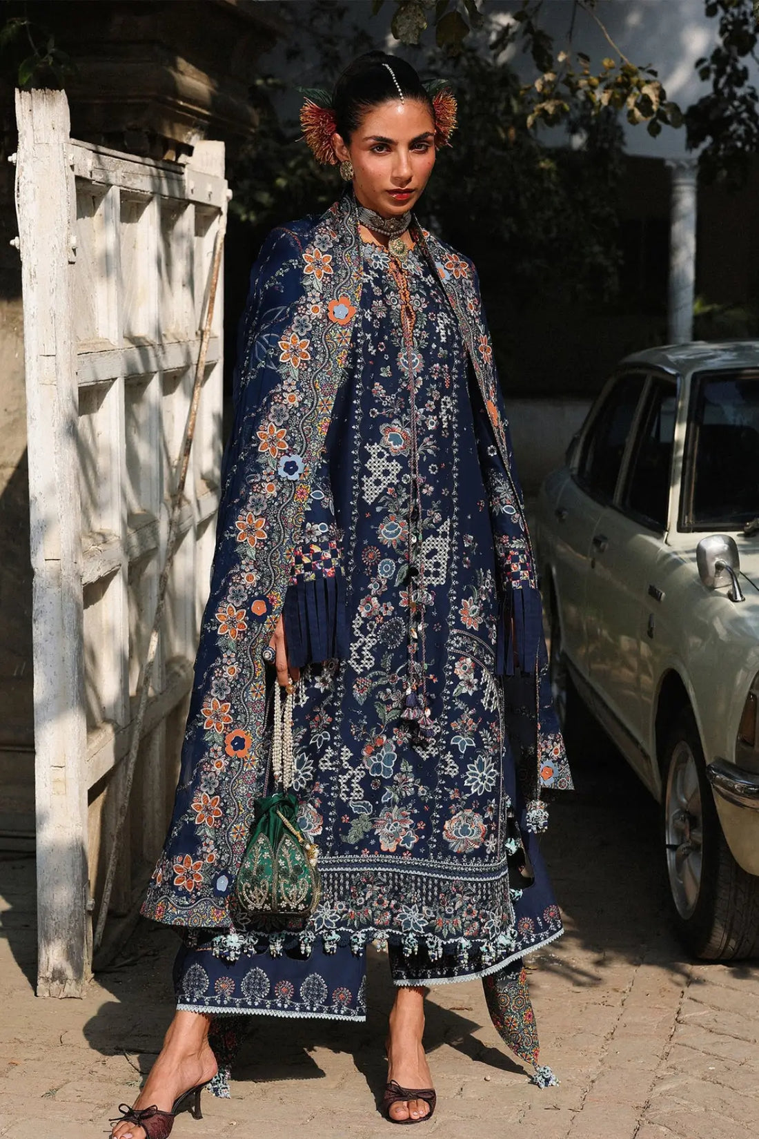 Hussain Rehar Amalfi navy blue stitched lawn suit with detailed floral embroidery