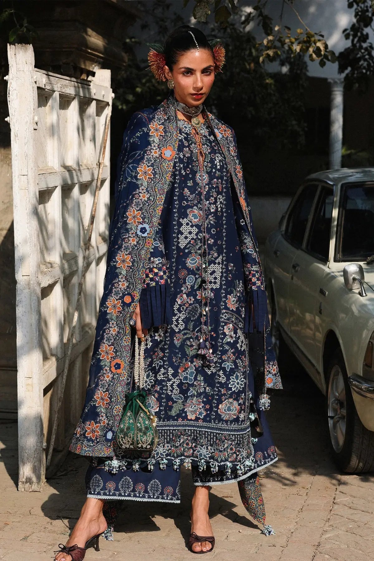 Hussain Rehar Amalfi navy blue stitched lawn suit with detailed floral embroidery