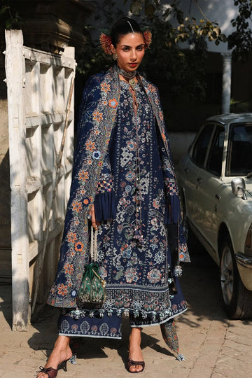 Hussain Rehar Amalfi navy blue stitched lawn suit with detailed floral embroidery