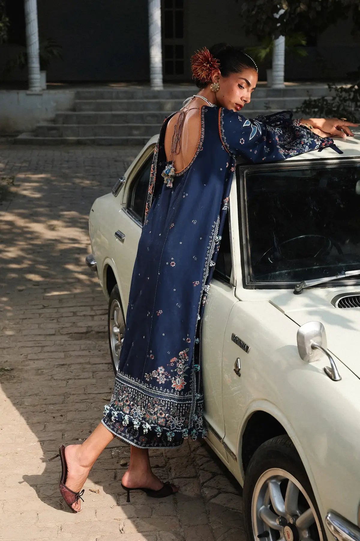 Hussain Rehar Amalfi navy blue stitched lawn suit with detailed floral embroidery