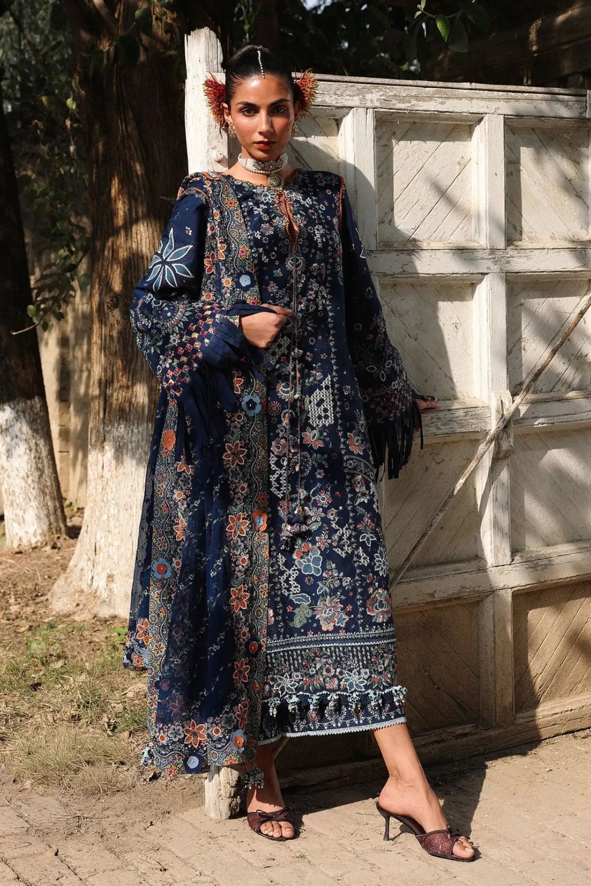 Hussain Rehar Amalfi navy blue stitched lawn suit with detailed floral embroidery