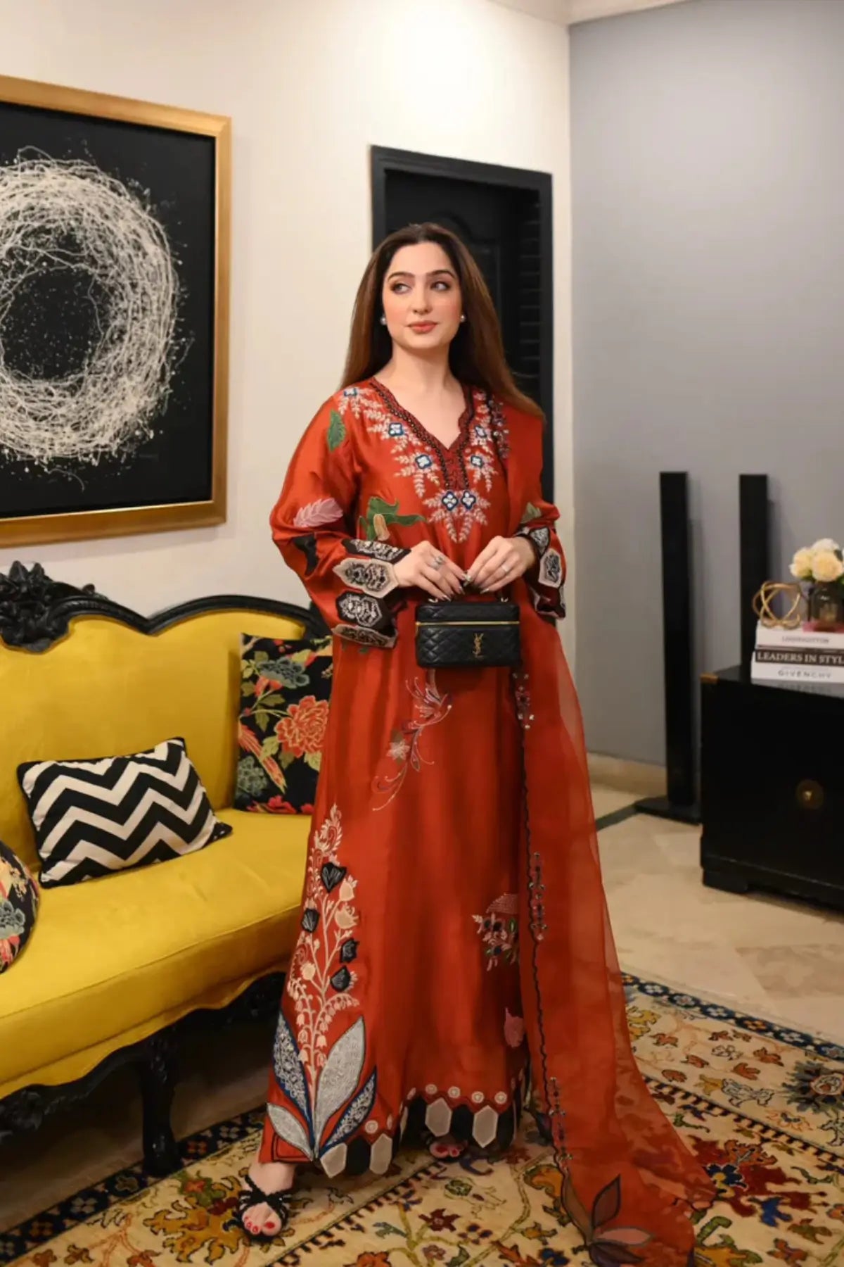 Rusty orange Amalia designer kaftan in sheesha silk with detailed finish