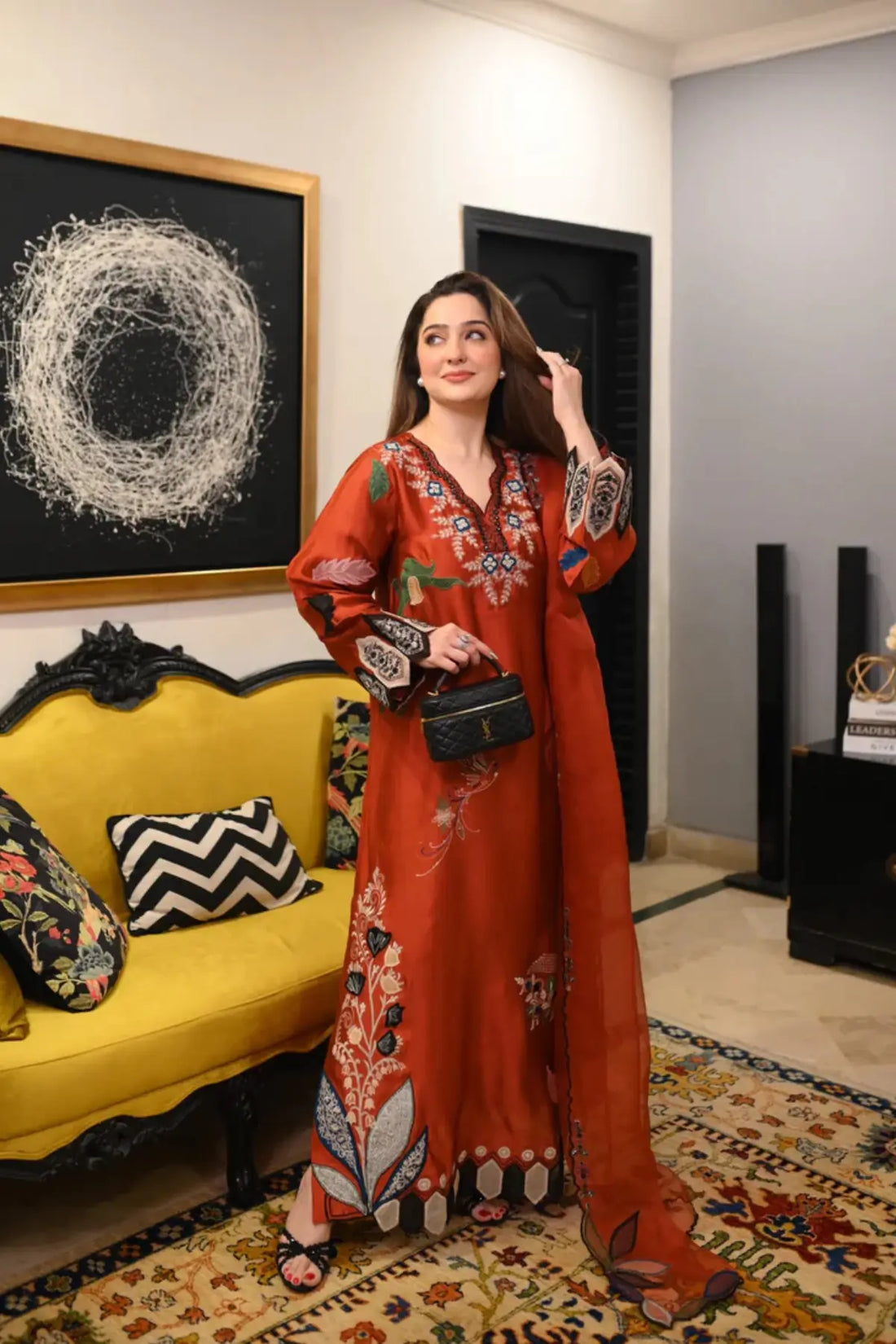Rusty orange Amalia designer kaftan in sheesha silk with detailed finish