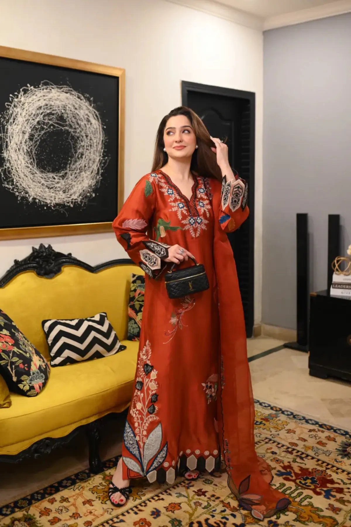 Rusty orange Amalia designer kaftan in sheesha silk with detailed finish
