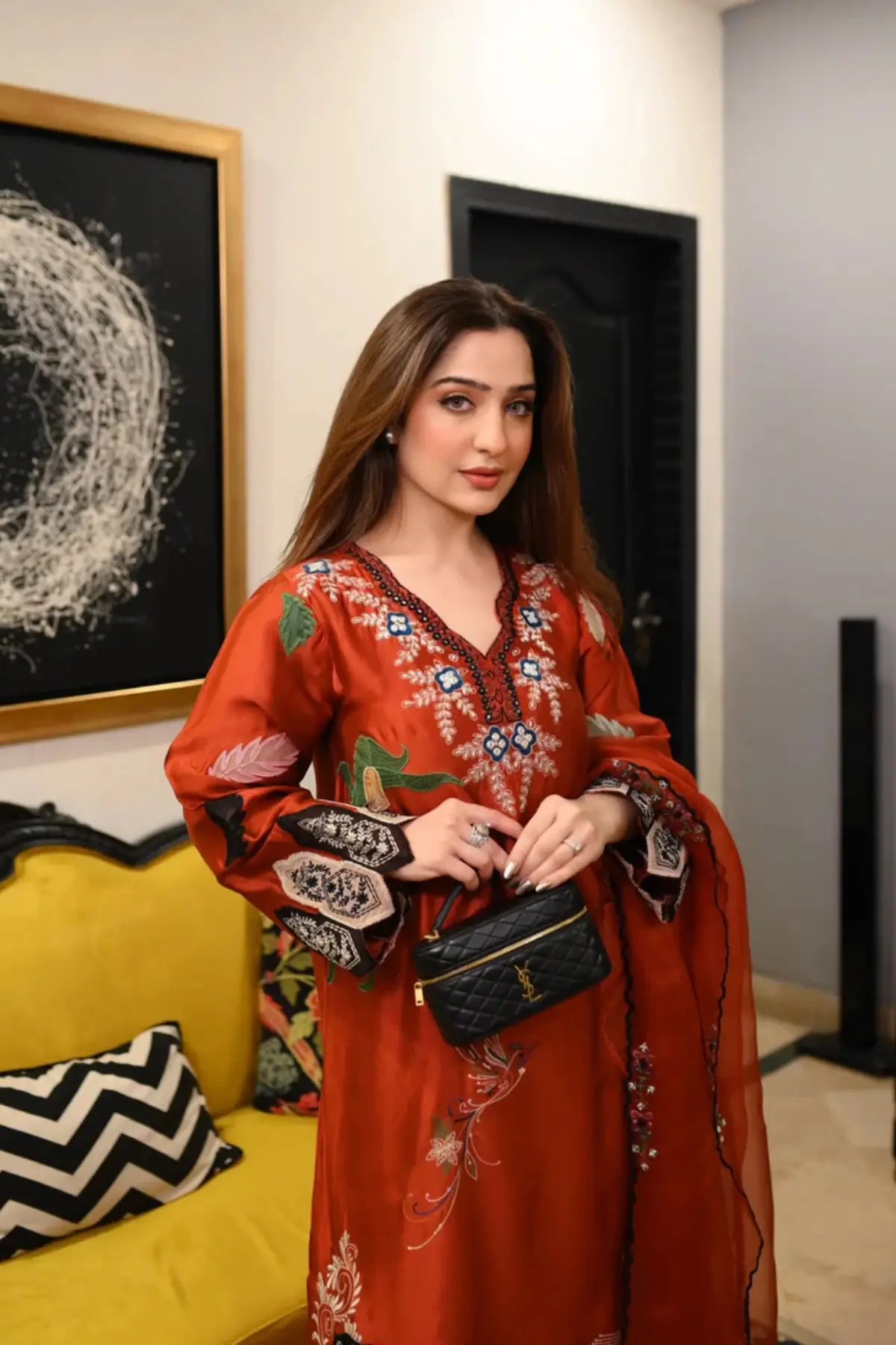 Rusty orange Amalia designer kaftan in sheesha silk with detailed finish