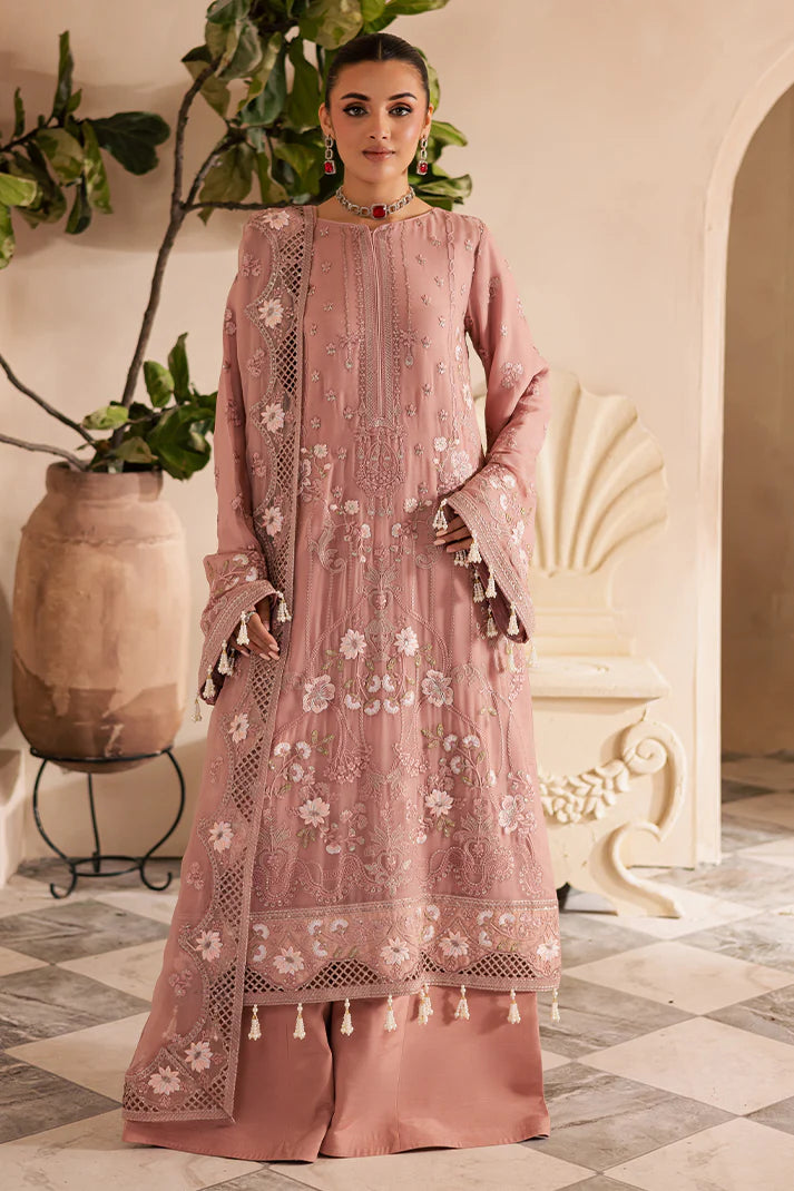 Blush pink embroidered chiffon suit with organza borders and raw silk trouser – perfect for Eid and weddings for Pakistani women overseas.

