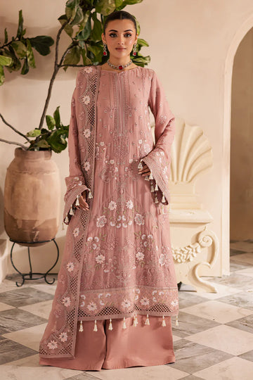 Blush pink embroidered chiffon suit with organza borders and raw silk trouser – perfect for Eid and weddings for Pakistani women overseas.


