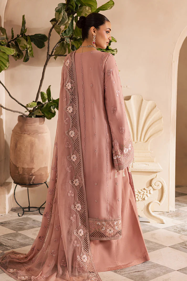 Blush pink embroidered chiffon suit with organza borders and raw silk trouser – perfect for Eid and weddings for Pakistani women overseas.


