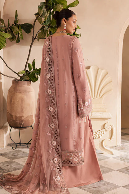 Blush pink embroidered chiffon suit with organza borders and raw silk trouser – perfect for Eid and weddings for Pakistani women overseas.

