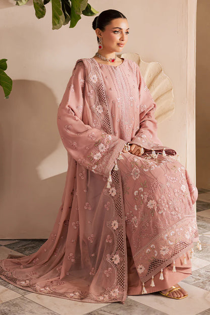 Blush pink embroidered chiffon suit with organza borders and raw silk trouser – perfect for Eid and weddings for Pakistani women overseas.

