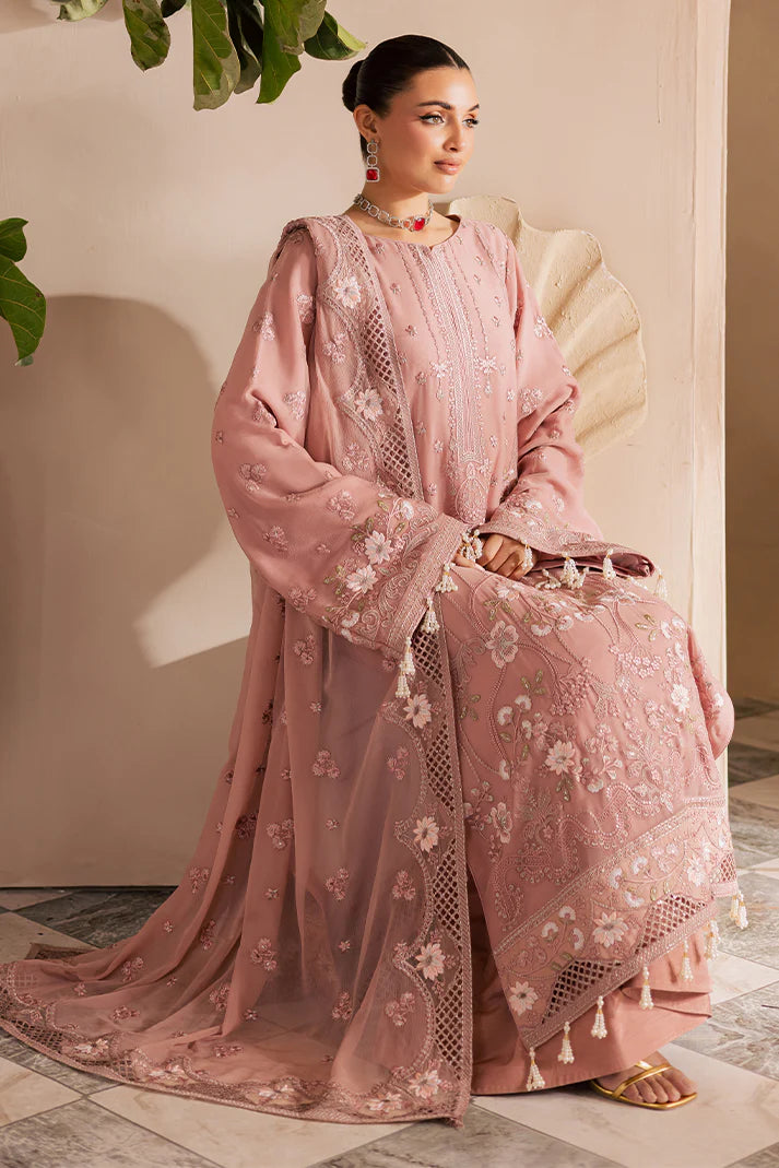 Blush pink embroidered chiffon suit with organza borders and raw silk trouser – perfect for Eid and weddings for Pakistani women overseas.

