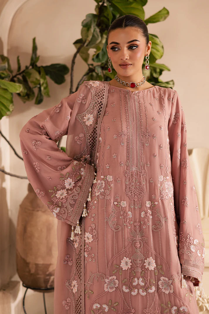 Blush pink embroidered chiffon suit with organza borders and raw silk trouser – perfect for Eid and weddings for Pakistani women overseas.

