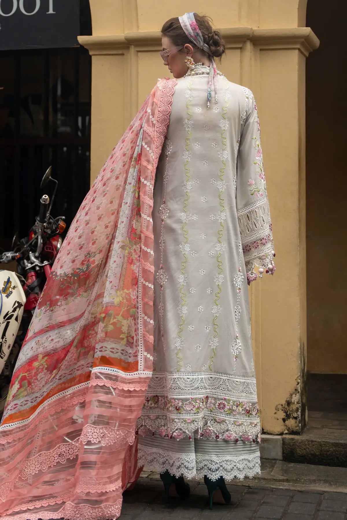 Amani dove grey designer lawn suit by Annus Abrar with organza detailing