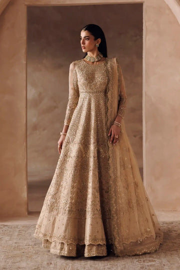 Amani champagne gold organza bridal stitched Pishwas dress with hand embellished net dupatta from Riwayat Bridal Edit 26