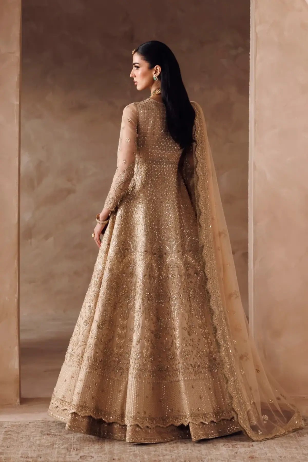Amani champagne gold organza bridal stitched Pishwas dress with hand embellished net dupatta from Riwayat Bridal Edit 26