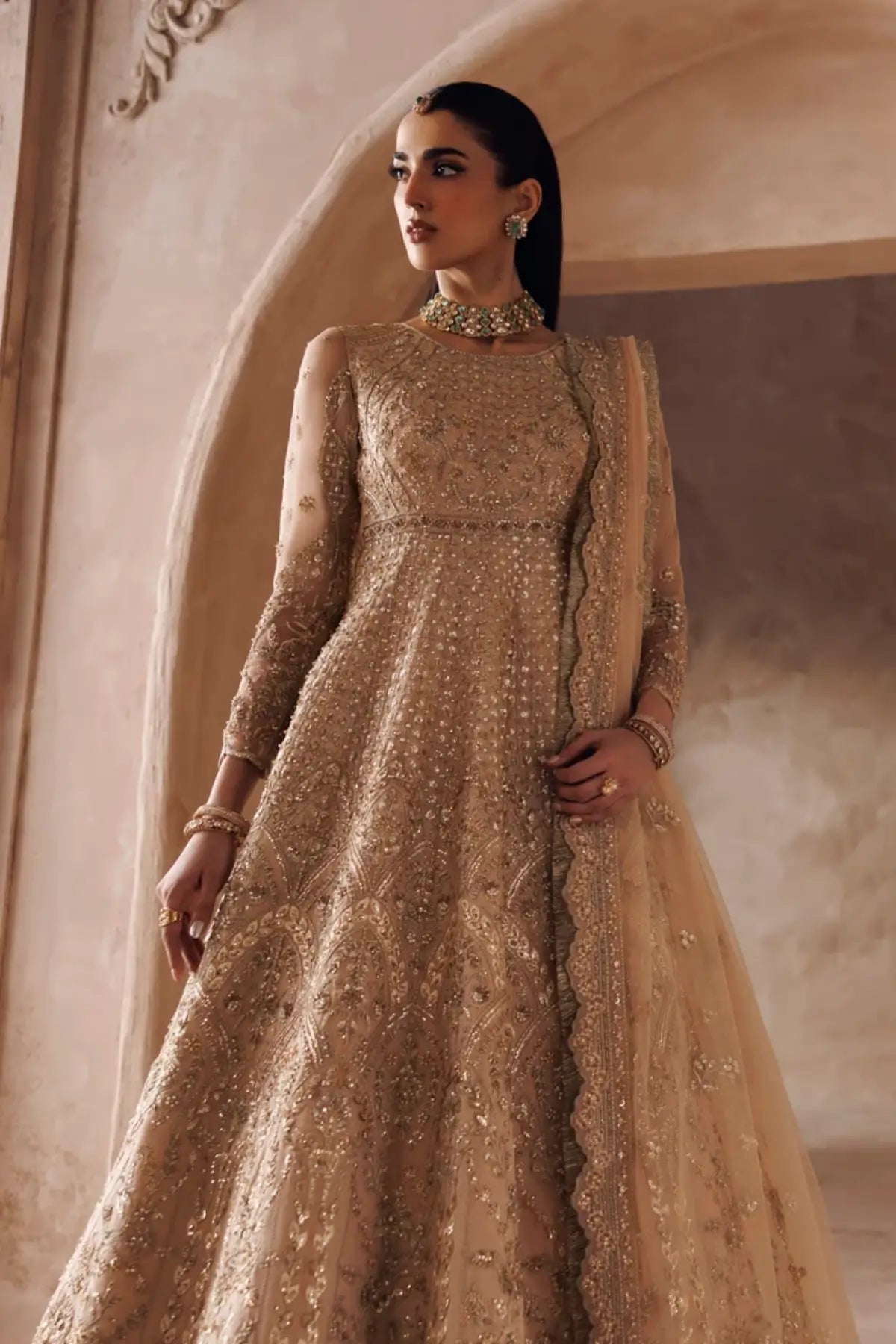 Amani champagne gold organza bridal stitched Pishwas dress with hand embellished net dupatta from Riwayat Bridal Edit 26