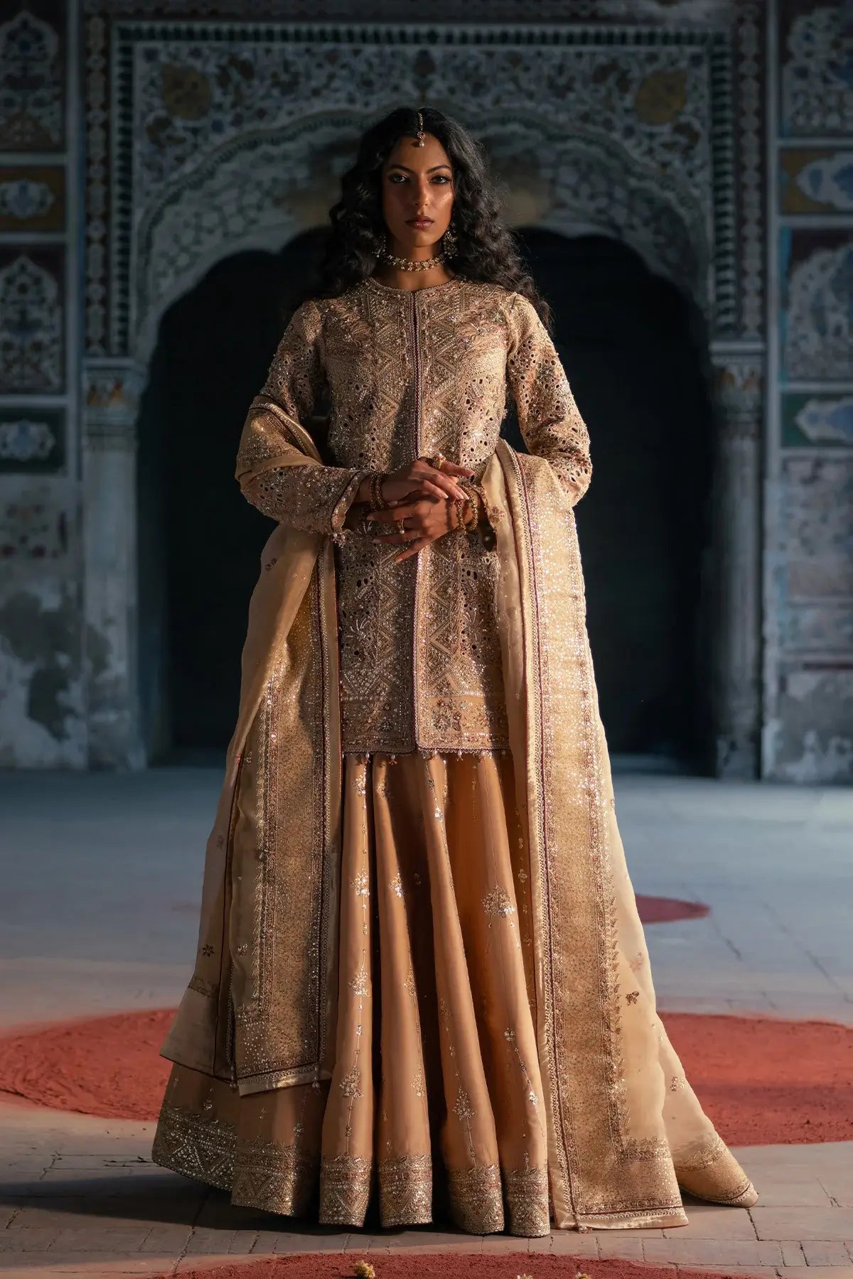 Amani Vasl 26 gold handworked silk formal stitched Pakistani lehenga suit with Naqshi Dabka pearl embellishments and organza dupatta