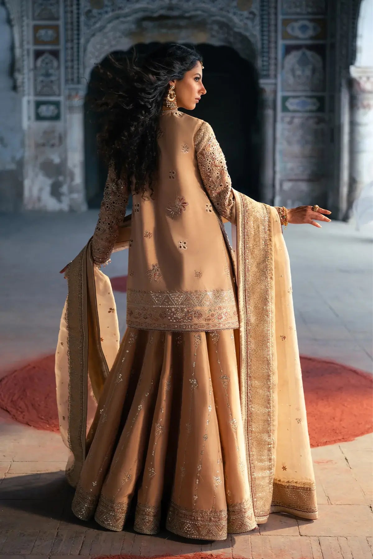 Amani Vasl 26 gold handworked silk formal stitched Pakistani lehenga suit with Naqshi Dabka pearl embellishments and organza dupatta