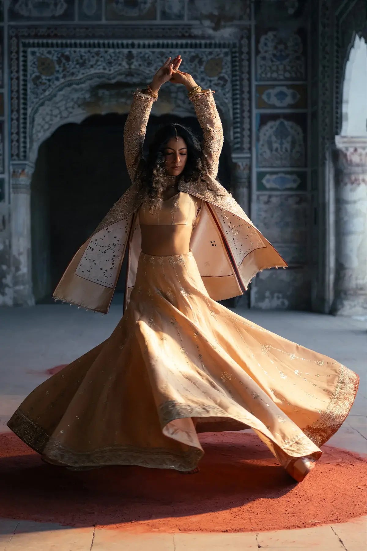 Amani Vasl 26 gold handworked silk formal stitched Pakistani lehenga suit with Naqshi Dabka pearl embellishments and organza dupatta