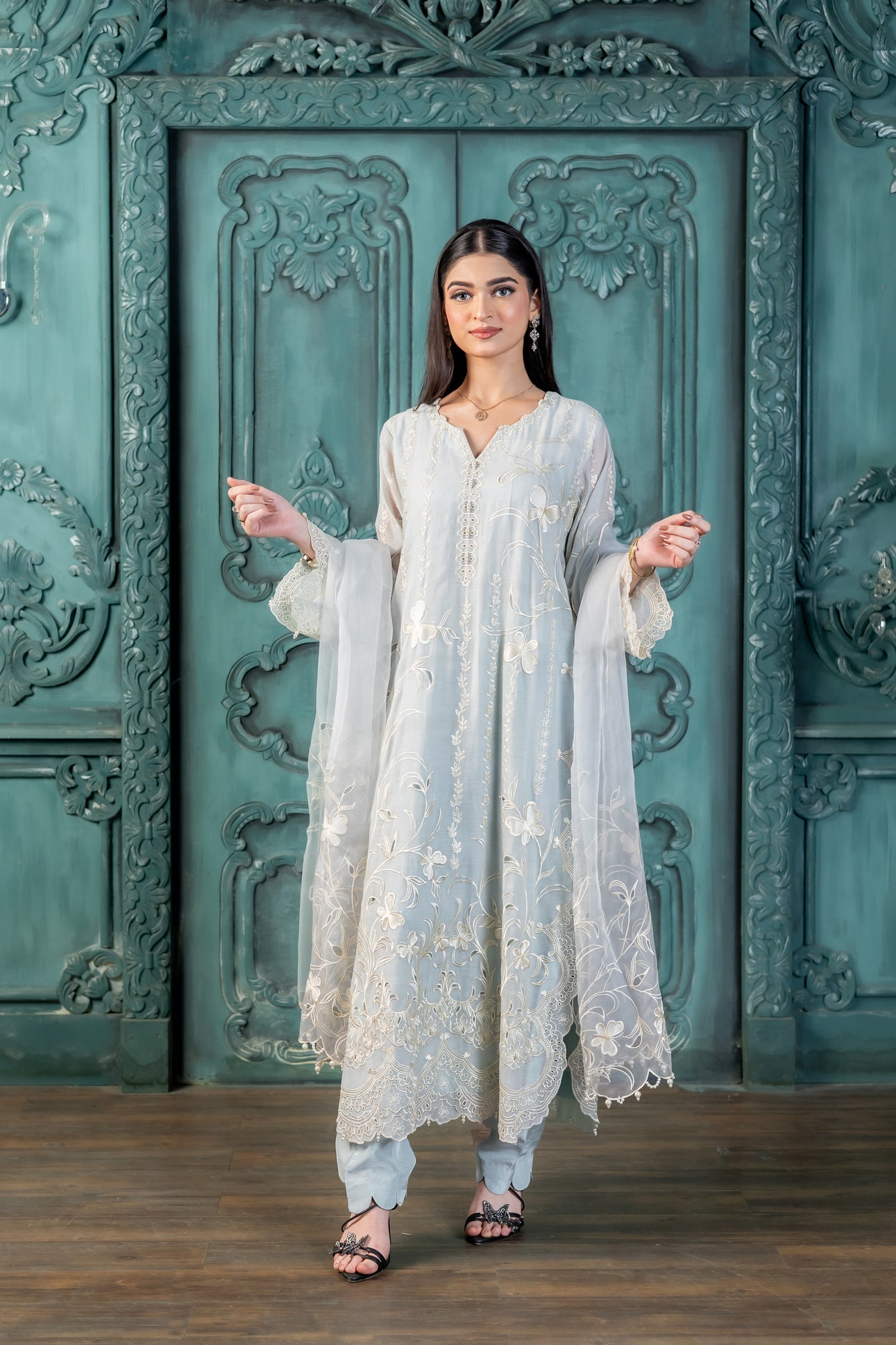 Amara pastel blue Pakistani suit by MariamRaj exclusively at Pakistanimoda