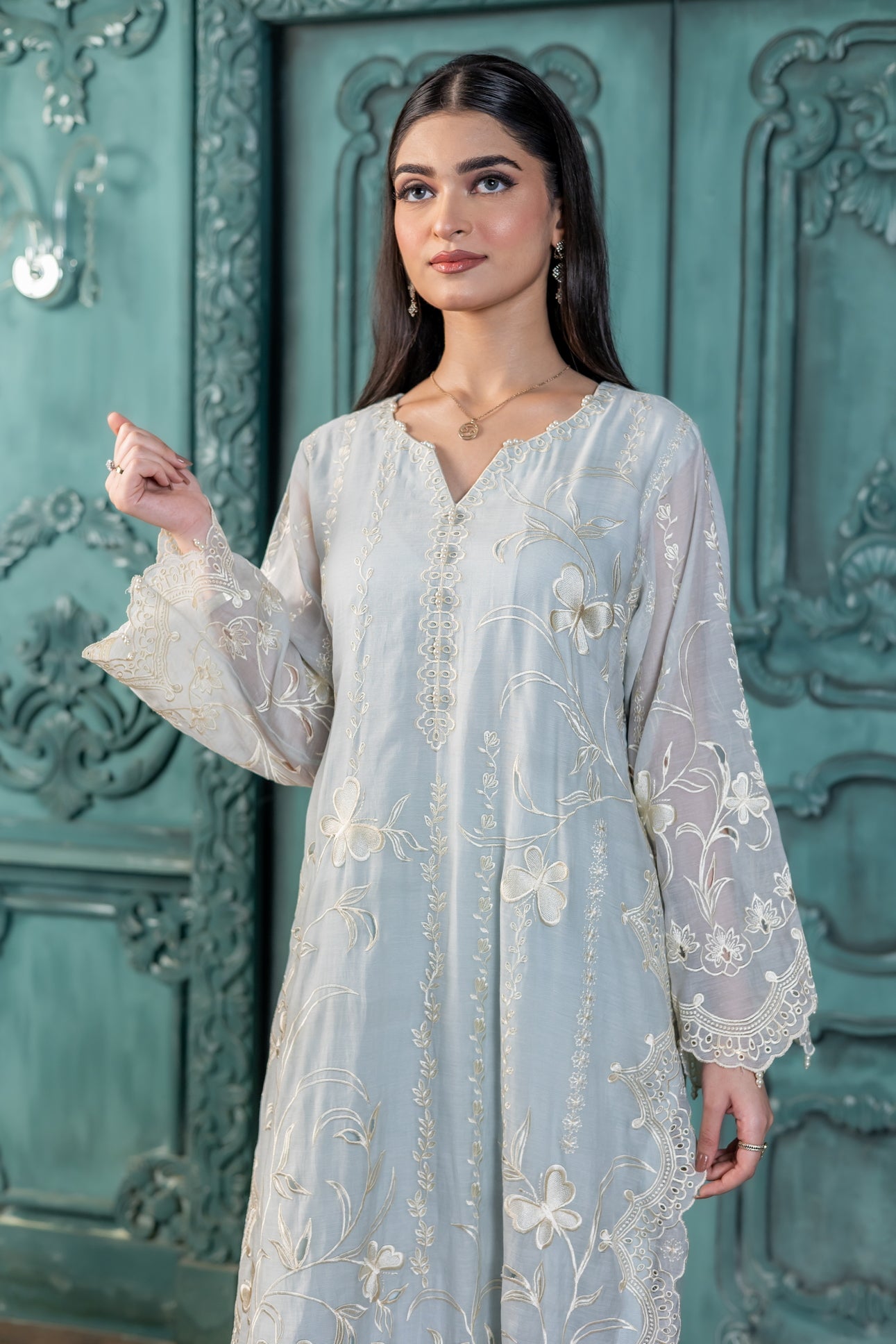 Amara pastel blue Pakistani suit by MariamRaj exclusively at Pakistanimoda