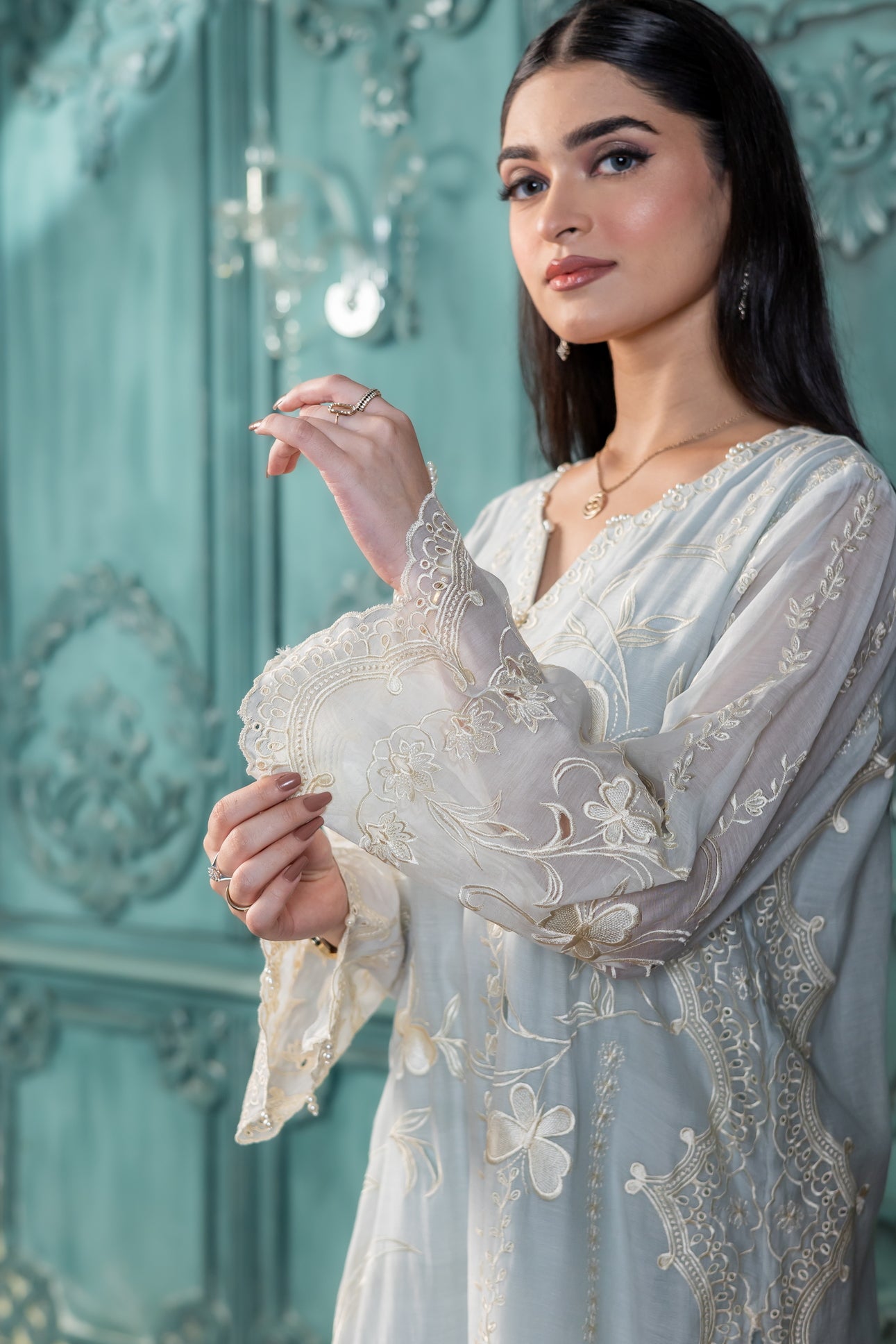 Amara pastel blue Pakistani suit by MariamRaj exclusively at Pakistanimoda