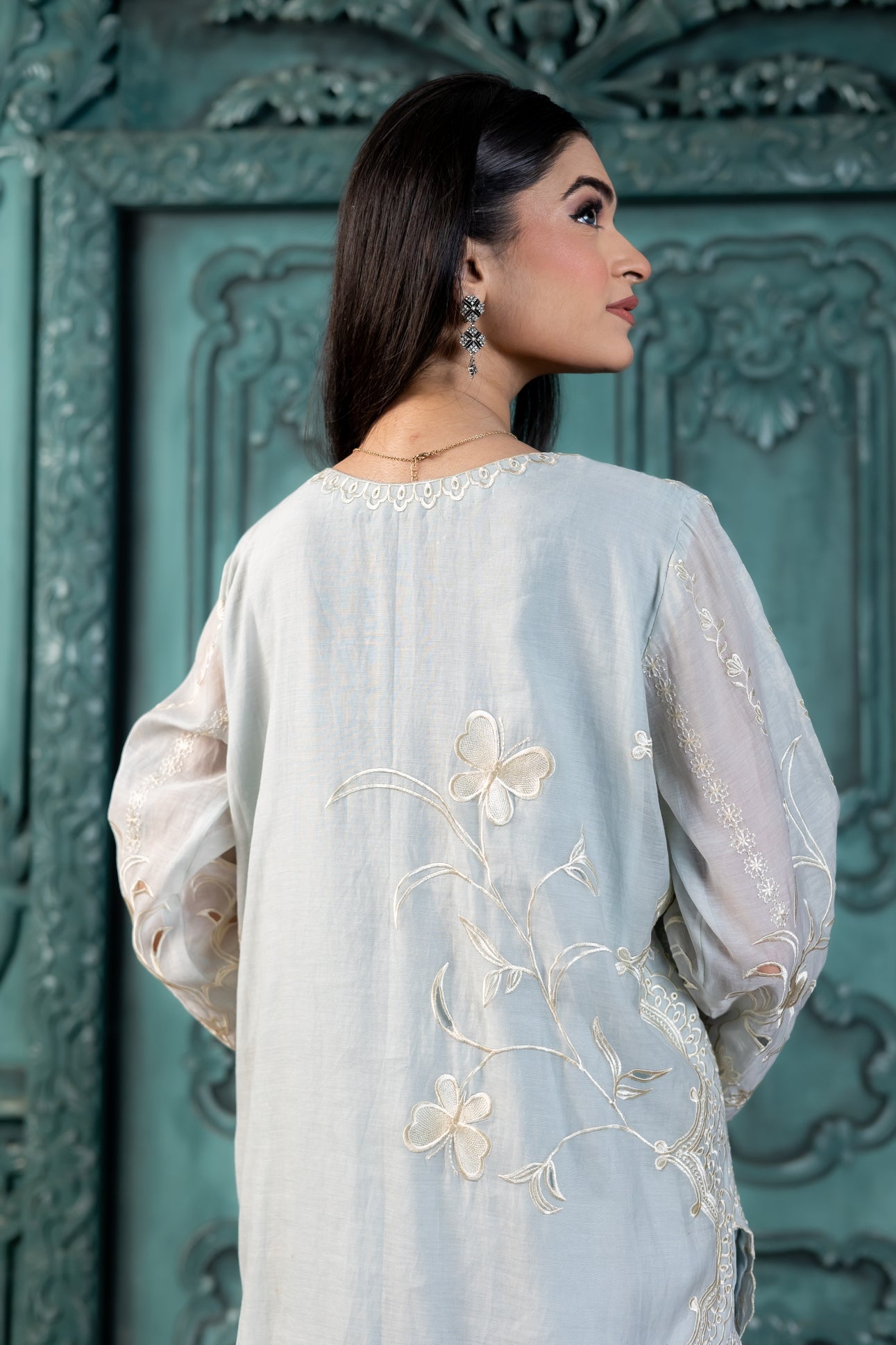 Amara pastel blue Pakistani suit by MariamRaj exclusively at Pakistanimoda