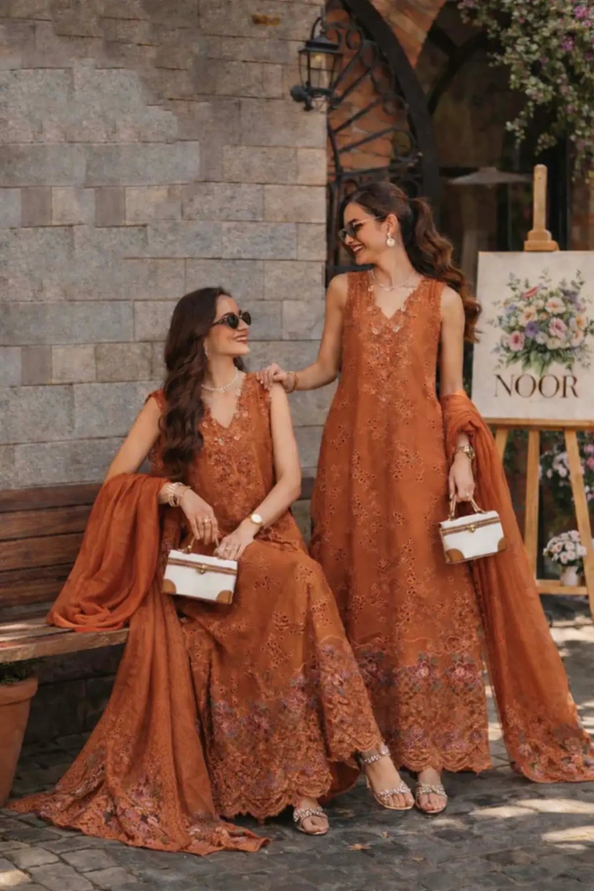 Amber Rustique D6 by Saadia Asad orange glow stitched lawn suit with Schiffli embroidery and chiffon dupatta