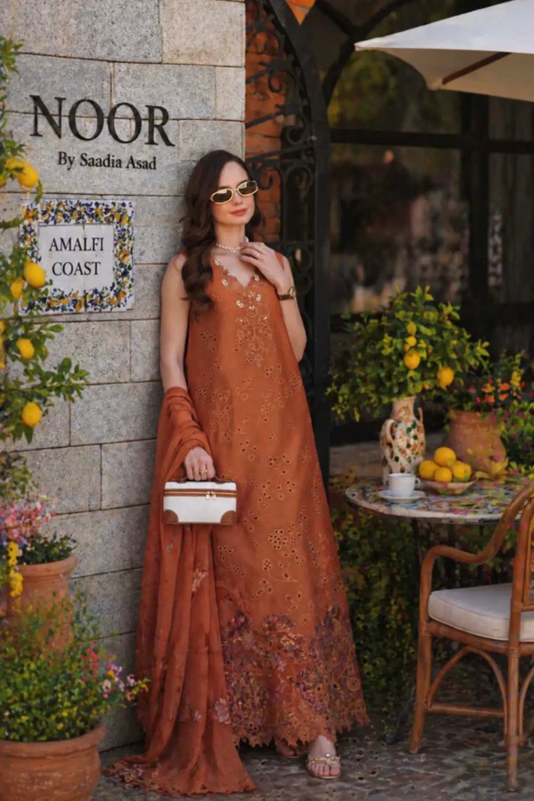 Amber Rustique D6 by Saadia Asad orange glow stitched lawn suit with Schiffli embroidery and chiffon dupatta