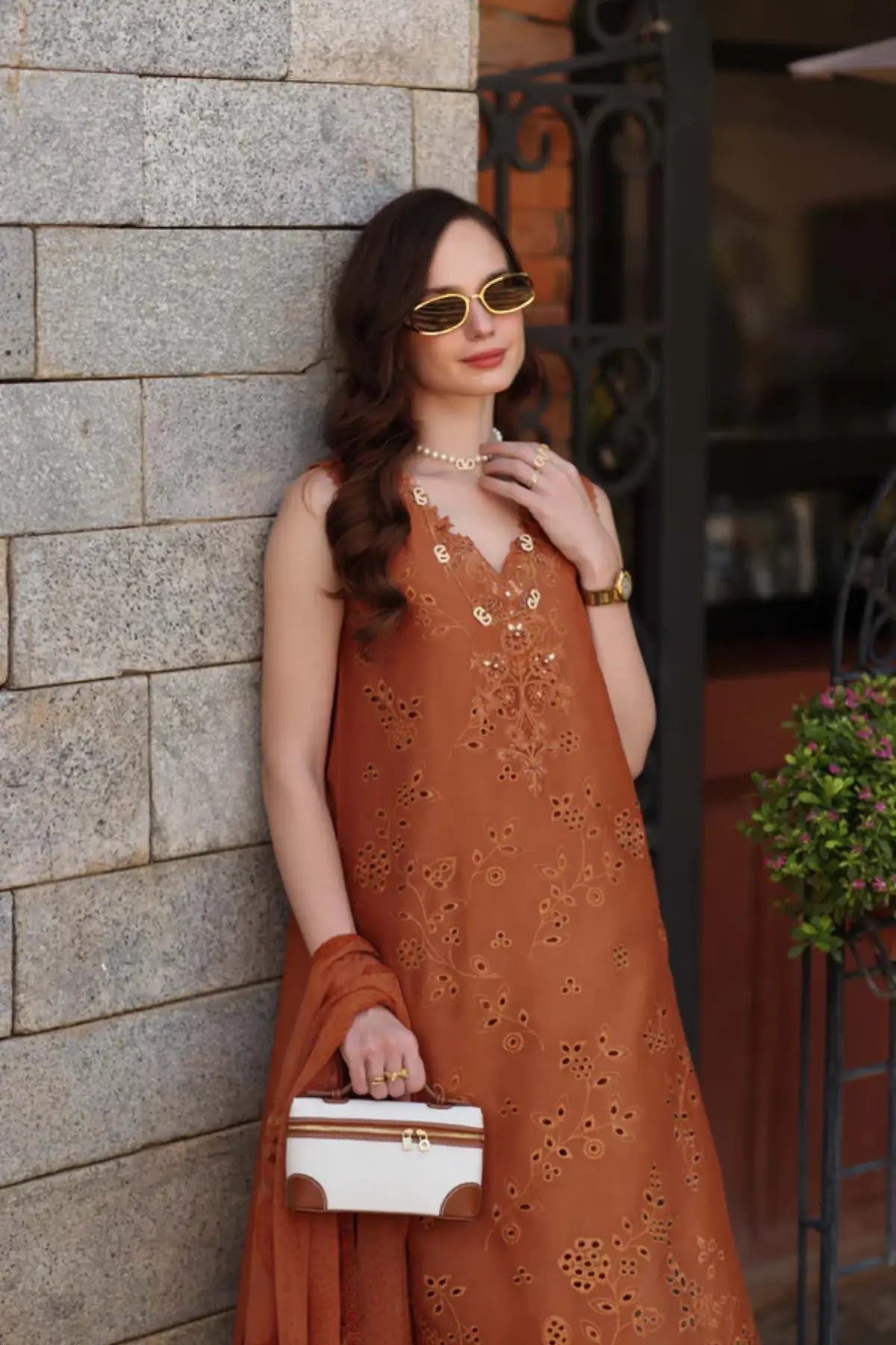 Amber Rustique D6 by Saadia Asad orange glow stitched lawn suit with Schiffli embroidery and chiffon dupatta