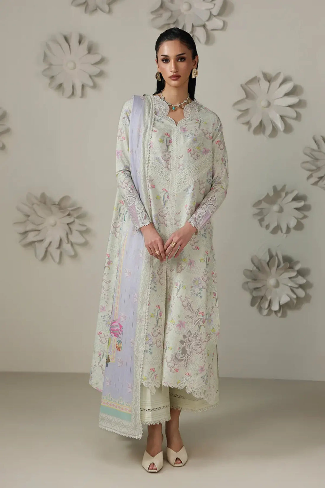 Ameena QQP-01(B) by Qalamkar ivory summer lawn stitched 3PC suit with embroidered neckline, floral prints, and printed lawn dupatta.