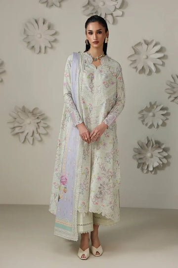 Ameena QQP-01(B) by Qalamkar ivory summer lawn stitched 3PC suit with embroidered neckline, floral prints, and printed lawn dupatta.