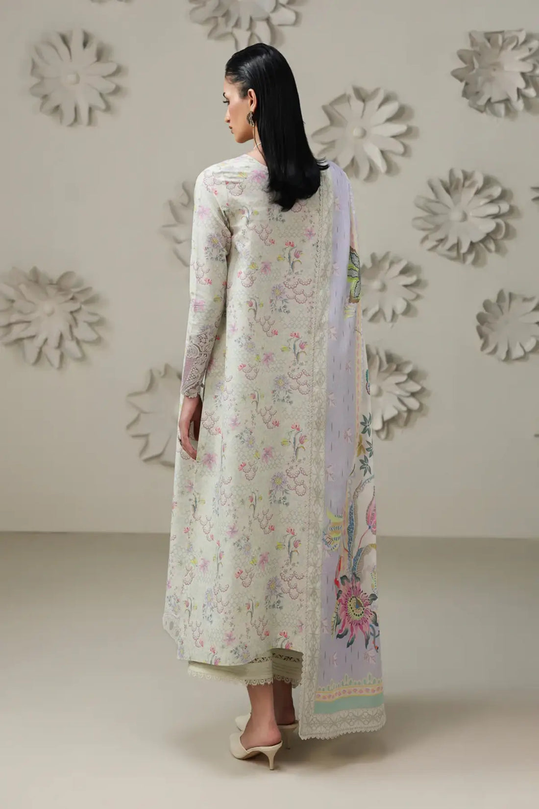 Ameena QQP-01(B) by Qalamkar ivory summer lawn stitched 3PC suit with embroidered neckline, floral prints, and printed lawn dupatta.