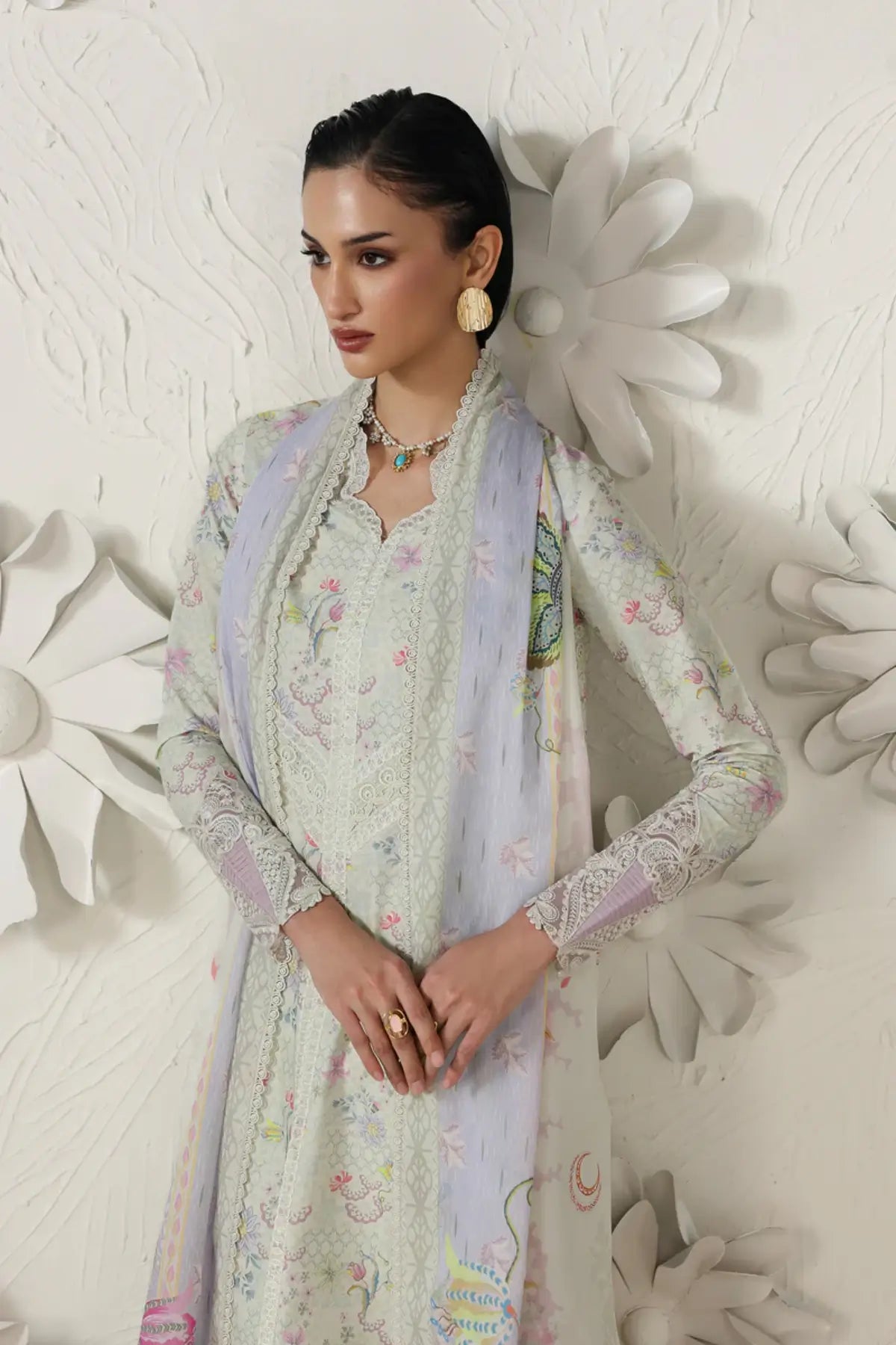 Ameena QQP-01(B) by Qalamkar ivory summer lawn stitched 3PC suit with embroidered neckline, floral prints, and printed lawn dupatta.