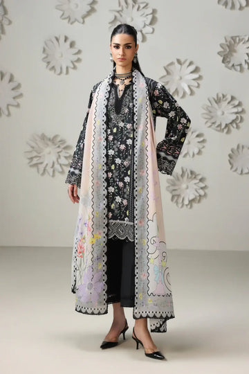 Amel QQP-08(A) by Qalamkar black floral lawn stitched 3PC suit with chikankari embroidery, printed lawn dupatta, and plain cotton trousers.
