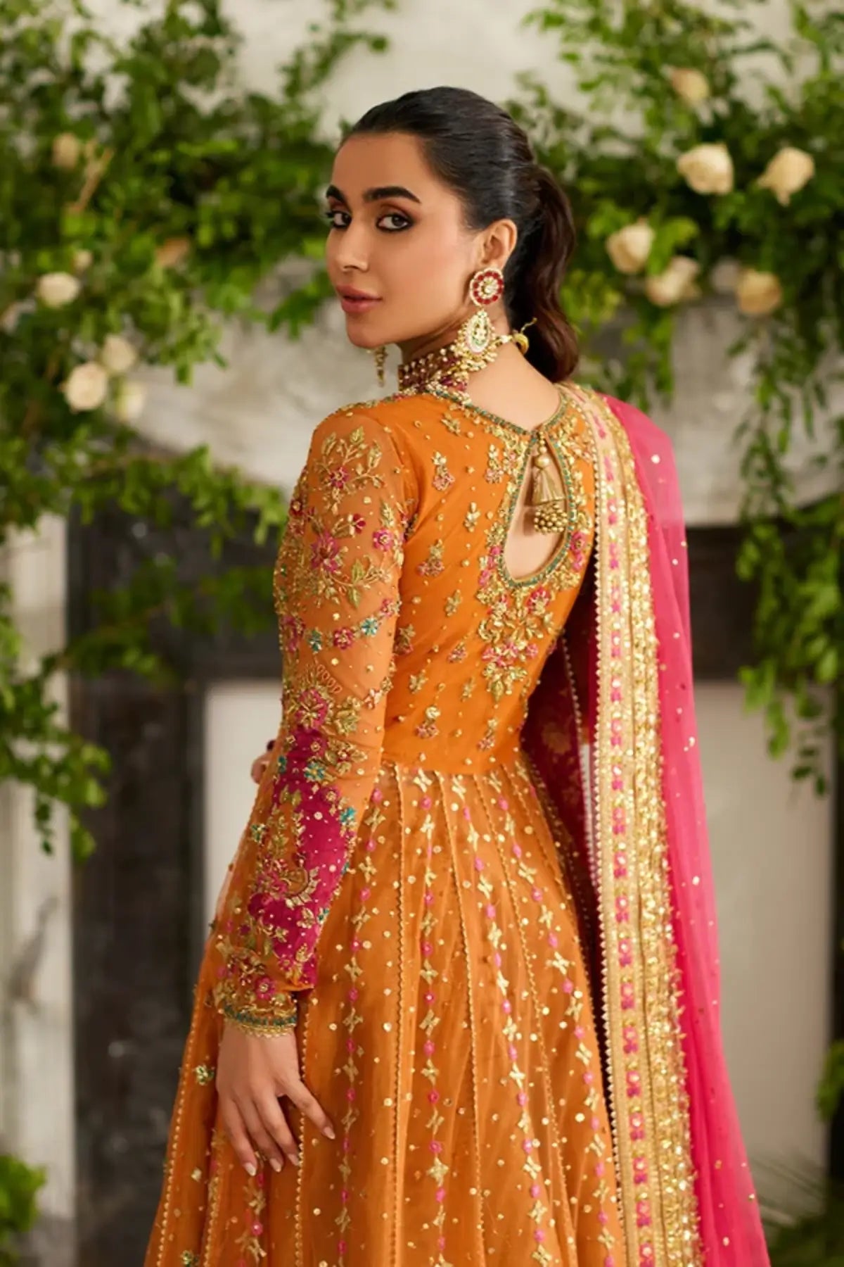Amelia Saffron and Pink Embellished Net Mehndi Bridal Pishwas with Gold Floral Work, Lame Tissue Lehenga, Pink Net Dupatta and Embroidered Pouch
