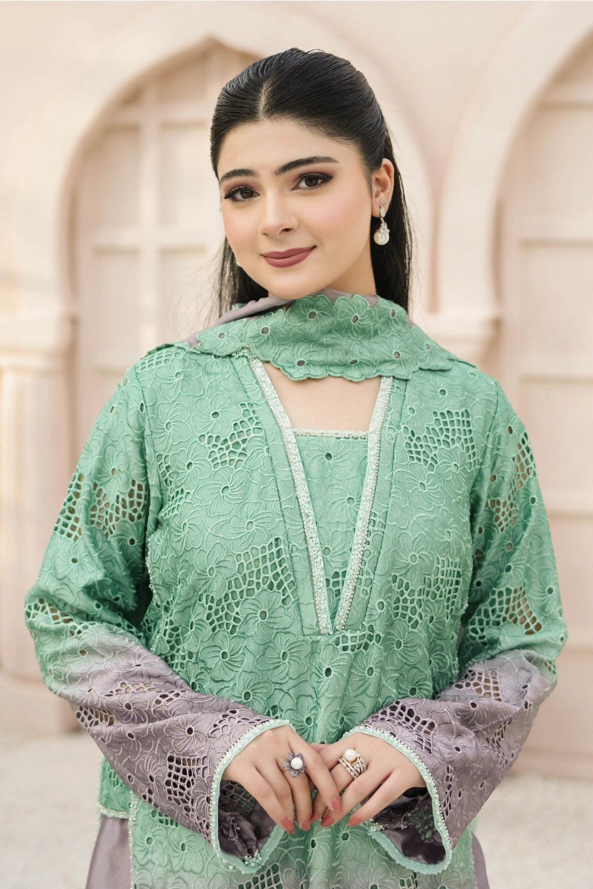 Amelie – Mint Grey Embroidered Sheesha Silk Luxury Pret 3PC Suit Bloom Reverie Mint Grey Embroidered Sheesha Silk Luxury Pret 3PC Suit with Balloon Pants by MariamRaj