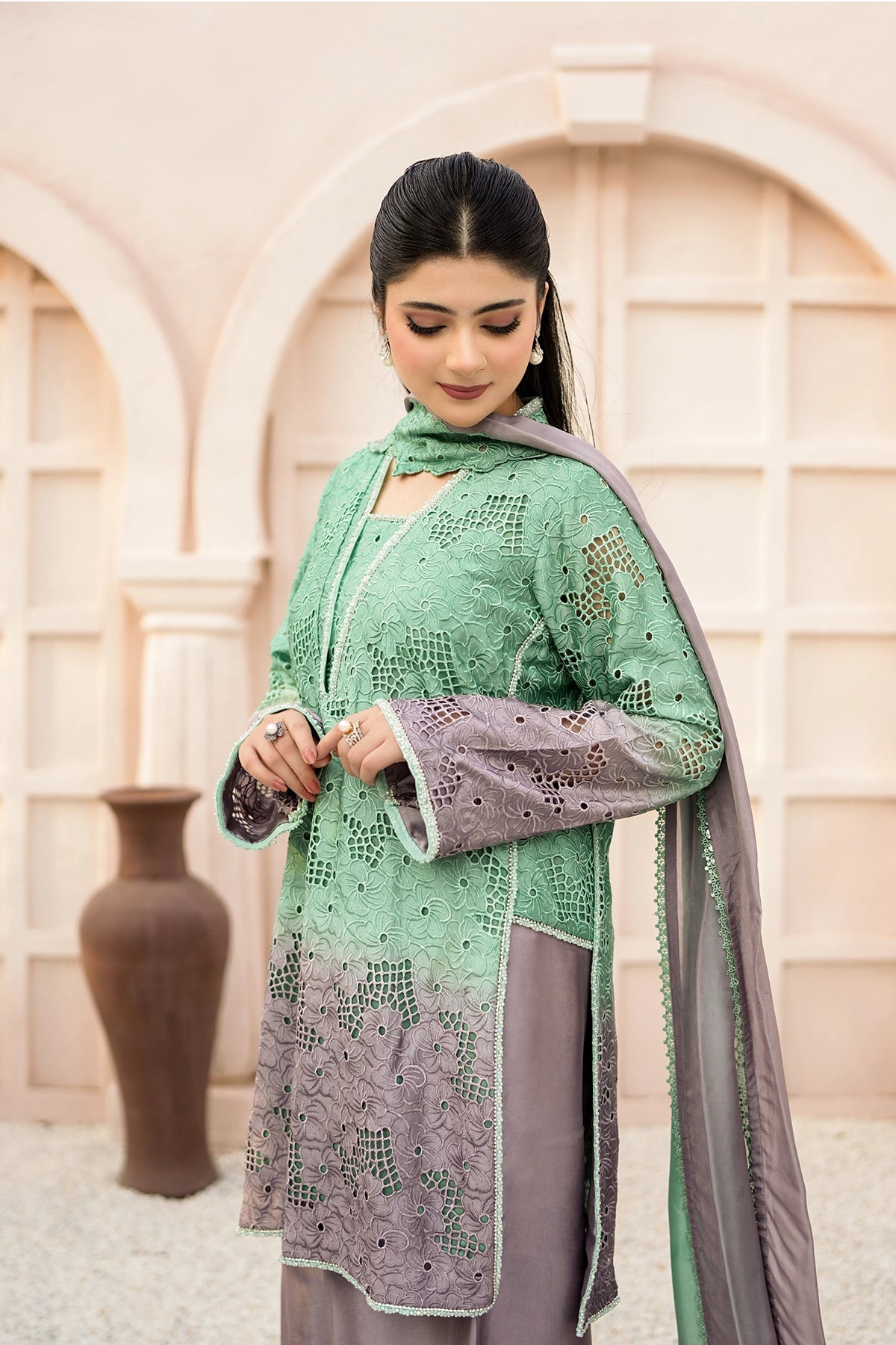Amelie – Mint Grey Embroidered Sheesha Silk Luxury Pret 3PC Suit Bloom Reverie Mint Grey Embroidered Sheesha Silk Luxury Pret 3PC Suit with Balloon Pants by MariamRaj