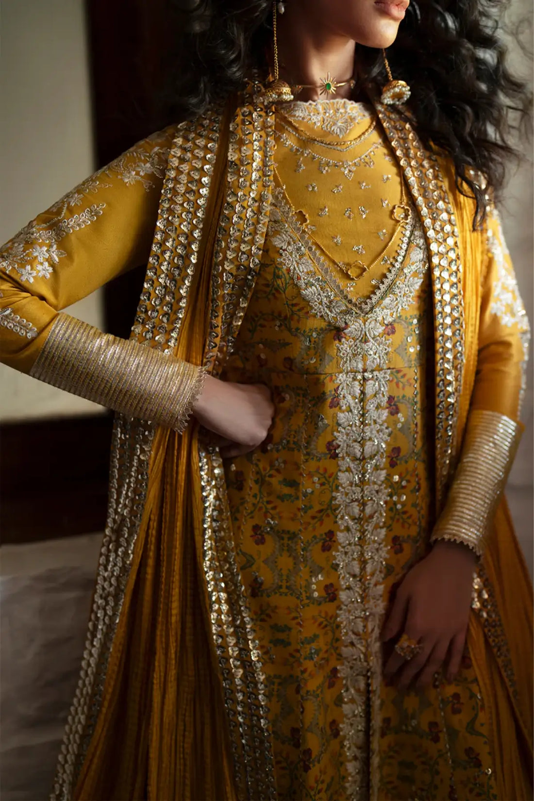 Saad Bin Shahzad Luxury Marigold Stitched Sharara Outfit Amina In Tussar Silk With Crushed Dupatta Pakistanimoda.