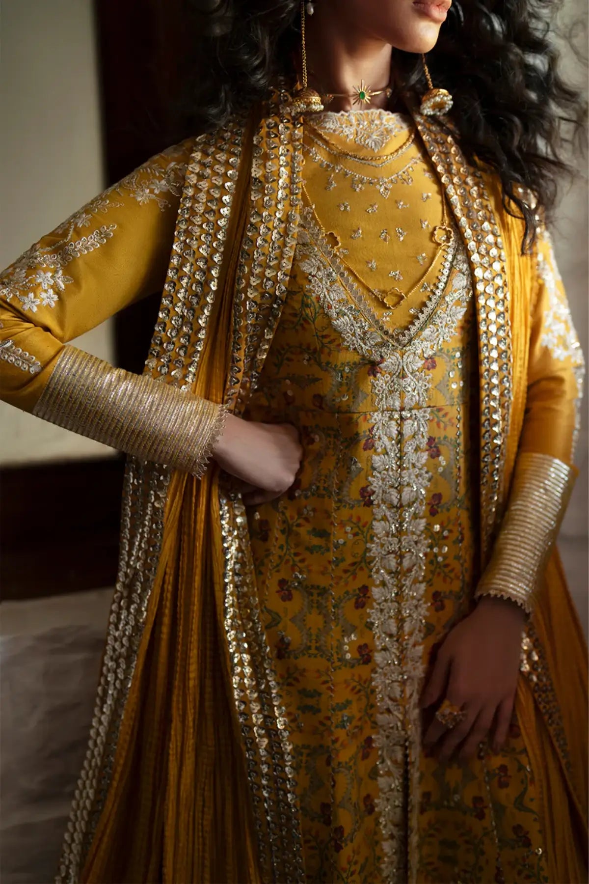Saad Bin Shahzad Luxury Marigold Stitched Sharara Outfit Amina In Tussar Silk With Crushed Dupatta Pakistanimoda.