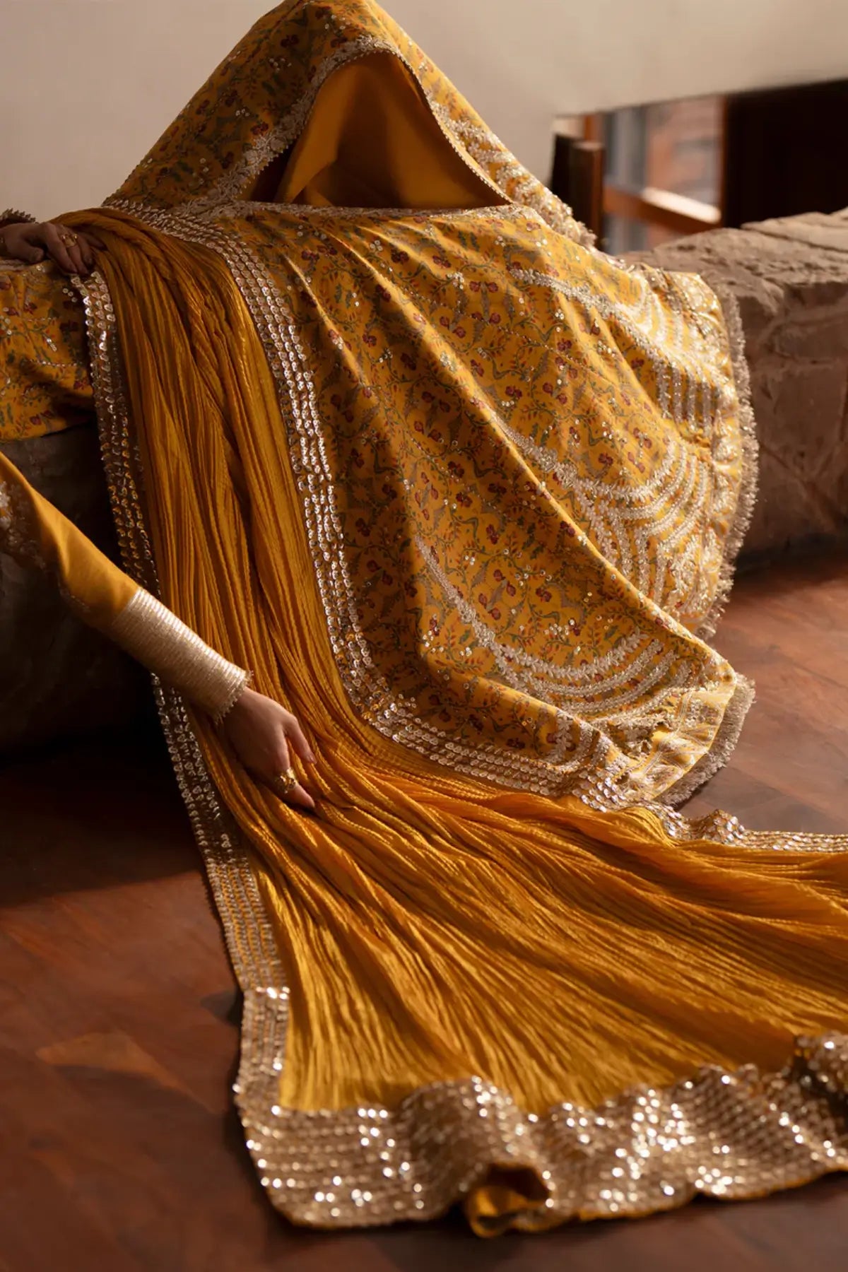Saad Bin Shahzad Luxury Marigold Stitched Sharara Outfit Amina In Tussar Silk With Crushed Dupatta Pakistanimoda.
