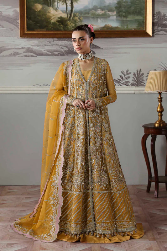 Amoria mustard gold net embroidered hand embellished bridal gown with dupatta by Akbar Aslam, luxury couture outfit for wedding receptions.
