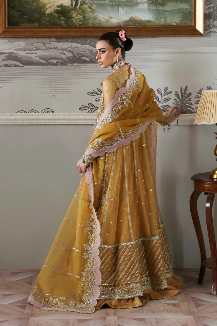 Amoria mustard gold net embroidered hand embellished bridal gown with dupatta by Akbar Aslam, luxury couture outfit for wedding receptions.