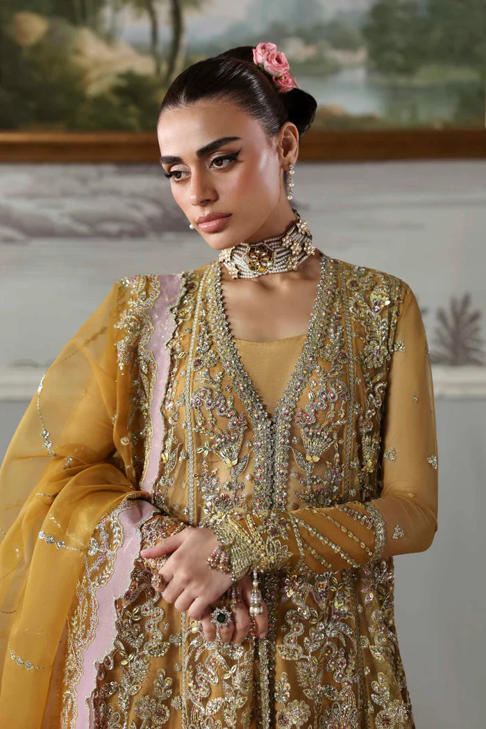 Amoria mustard gold net embroidered hand embellished bridal gown with dupatta by Akbar Aslam, luxury couture outfit for wedding receptions.