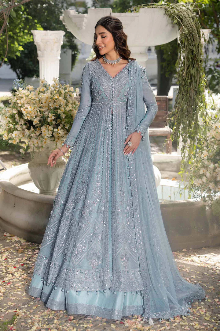 Amrin Maria B Royal-Rawa Ice Blue Bridal Pishwas with dabka, naqshi & crystal embellishment stitched luxury outfit – Pakistanimoda