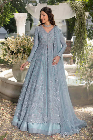 Amrin Maria B Royal-Rawa Ice Blue Bridal Pishwas with dabka, naqshi & crystal embellishment stitched luxury outfit – Pakistanimoda