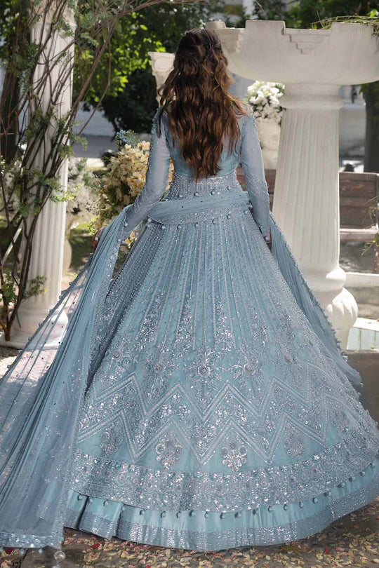 Amrin Maria B Royal-Rawa Ice Blue Bridal Pishwas with dabka, naqshi & crystal embellishment stitched luxury outfit – Pakistanimoda