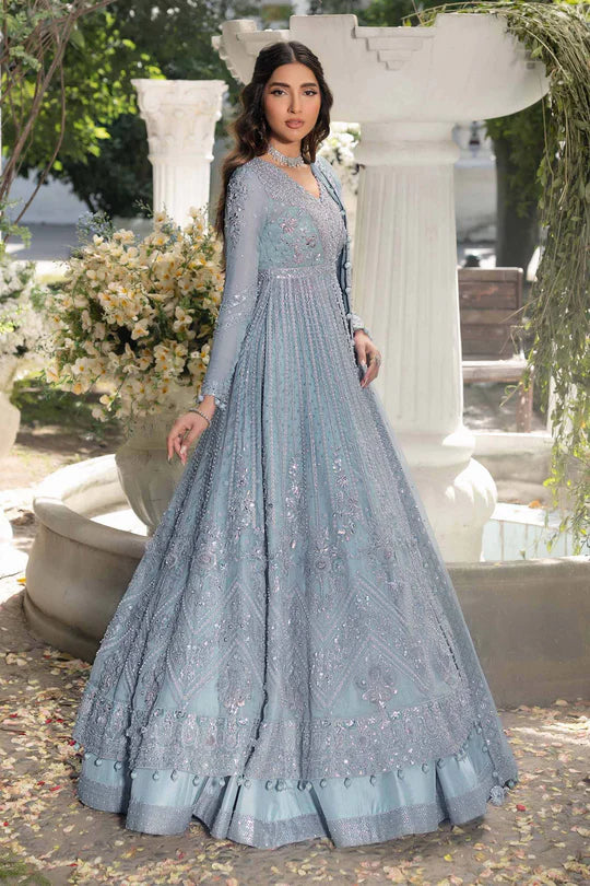 Amrin Maria B Royal-Rawa Ice Blue Bridal Pishwas with dabka, naqshi & crystal embellishment stitched luxury outfit – Pakistanimoda