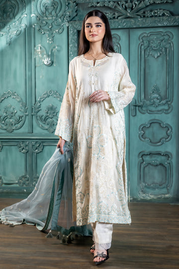 Anabia ivory paper silk Pakistani suit by MariamRaj exclusively at Pakistanimoda